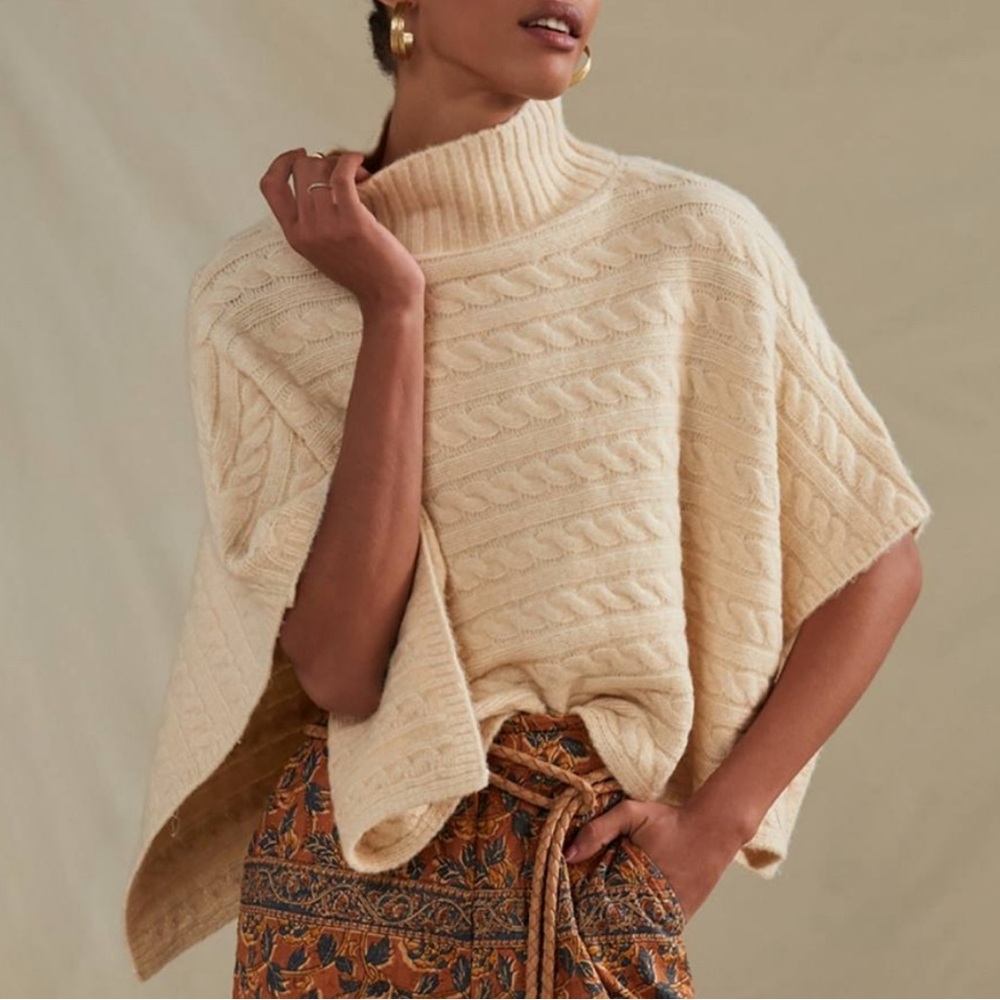 Anthropologie Cream Cable Knit Sweater Poncho Cape Coat